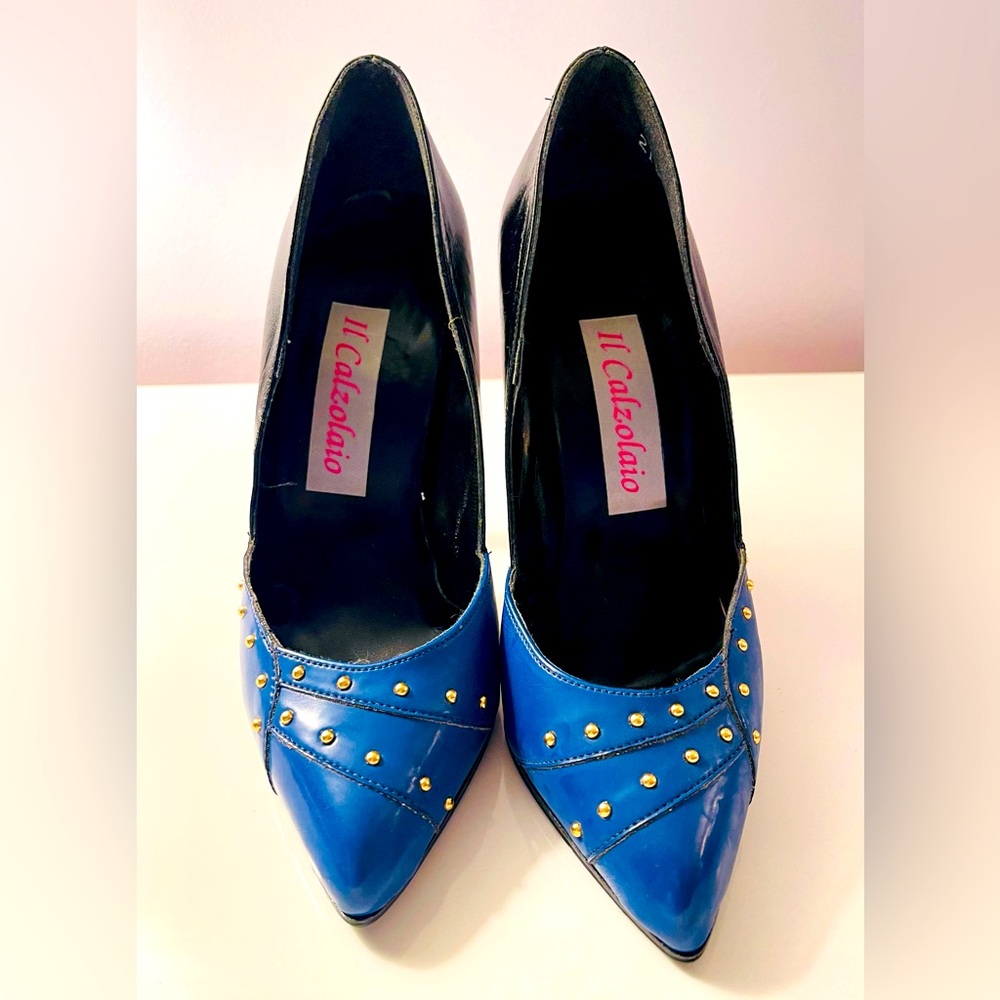 Black and Blue Closed Toe Stiletto Heels with Gold Studs
